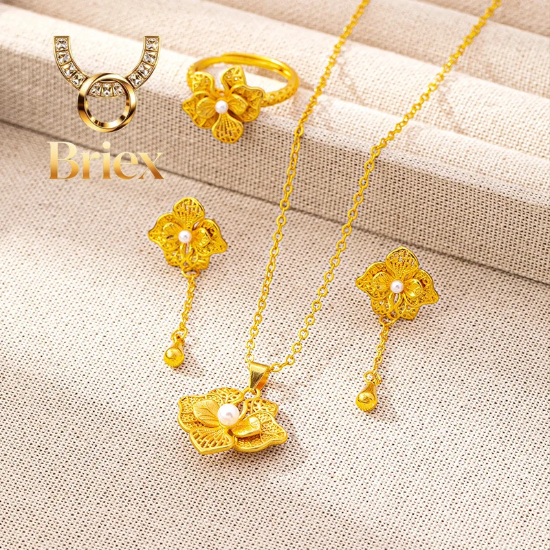 Briex Jewelry Luxury 24K 9999 Pure Gold real gold Women's hollow flower necklace earrings ring