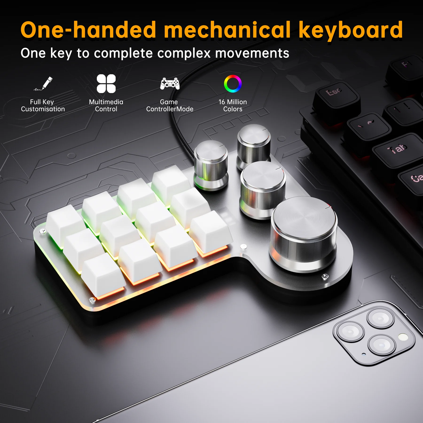 12 Keys 4 Knobs Programming Macro Keyboard RGB For Photoshop Gaming Keypad Hot-swap USB-Wired/Bluetooth-Compatible/2.4G Optional