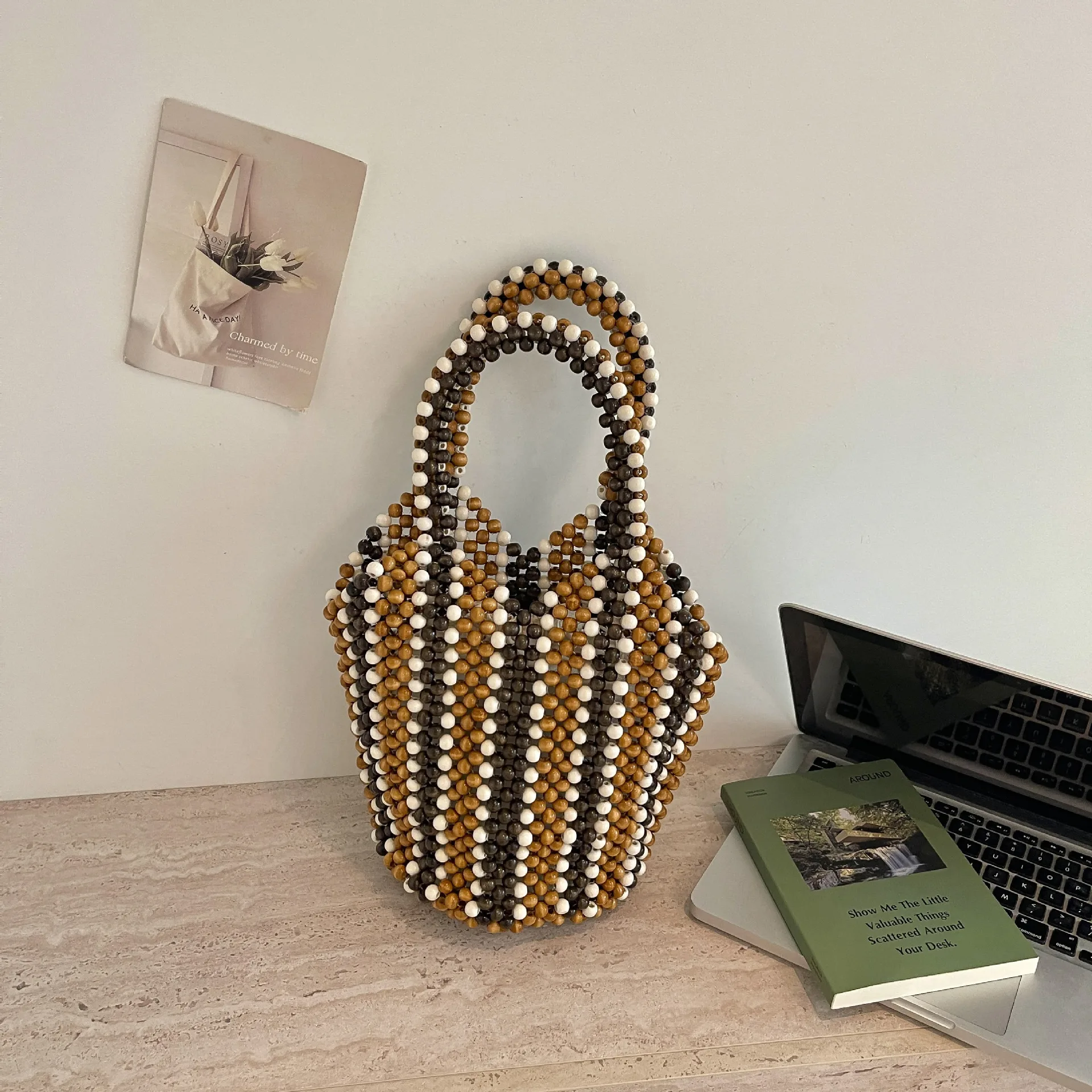 Handcrafted Hollow Wooden Bead Bag Handheld Contrast Color Weaving Bags for Ladies Beach Vacation Cross-Border Style Medium Size