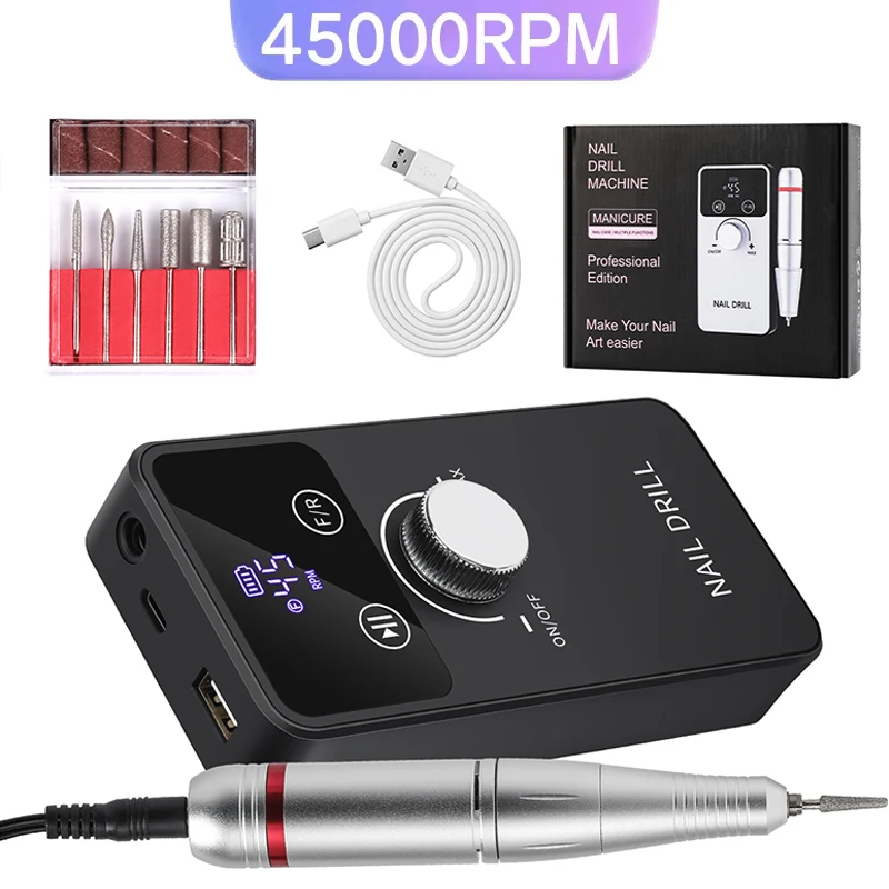 45000RPM Electric Nail Drill Machine Rechargeable Milling Cutter Professional Portable Nail Sander for Manicure Gel Remover Tool
