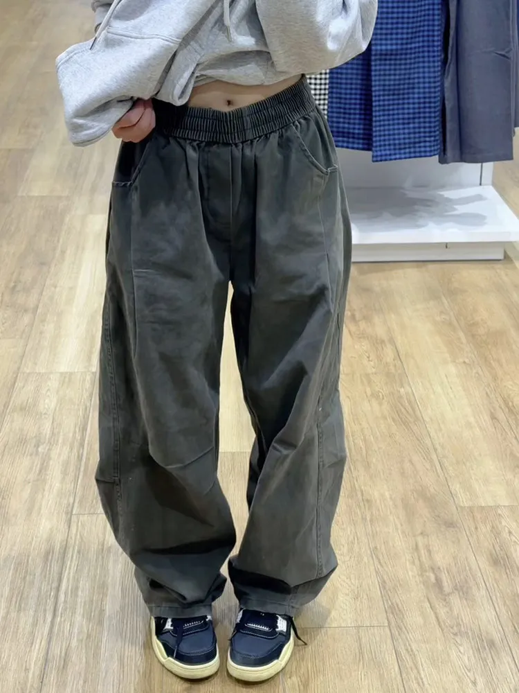 Military Green Washed Pure Cotton Work Trousers Men's Autumn Winter Folded Knife Loose Wide Leg Pants Casual Straight Cut