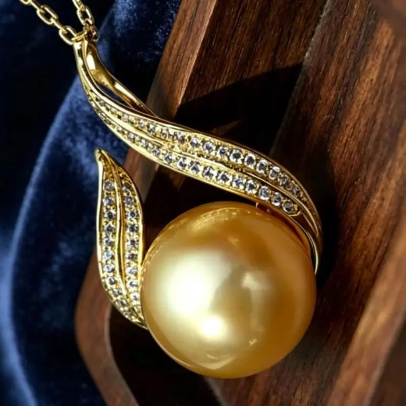 Natural South Sea Gold Pearl Pendant Necklace 11-12mm AAAAA Oversized 925 Silver 18 Inch Elegant Jewelry
