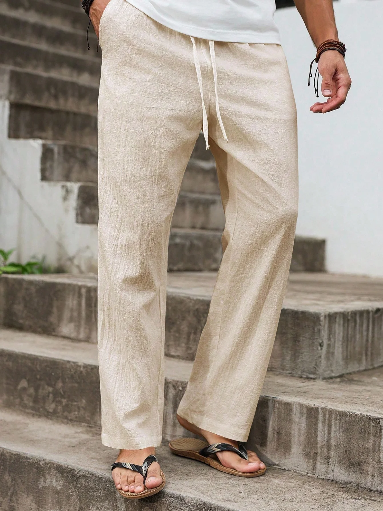 Men Cotton Linen Straight Cut Pants Summer Lightweight Breathable Beach Style Loose Casual Long Leisure Trousers