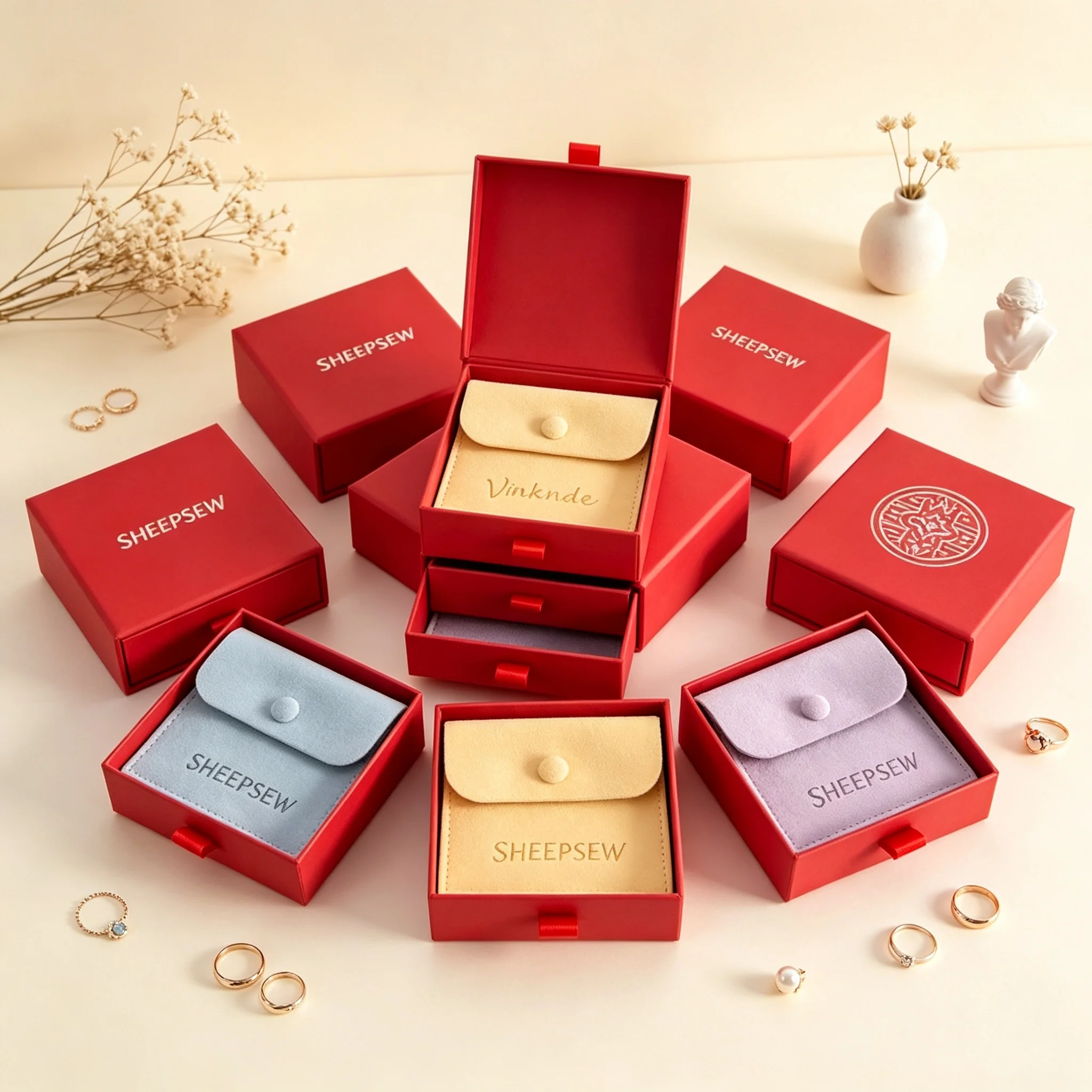 SHEEPSEW Custom Logo 8x8x1.7cm Paper Drawer Jewelry Box with Snap Pouch, Wedding Gift Packaging for Necklace Earring Bracelet Ri