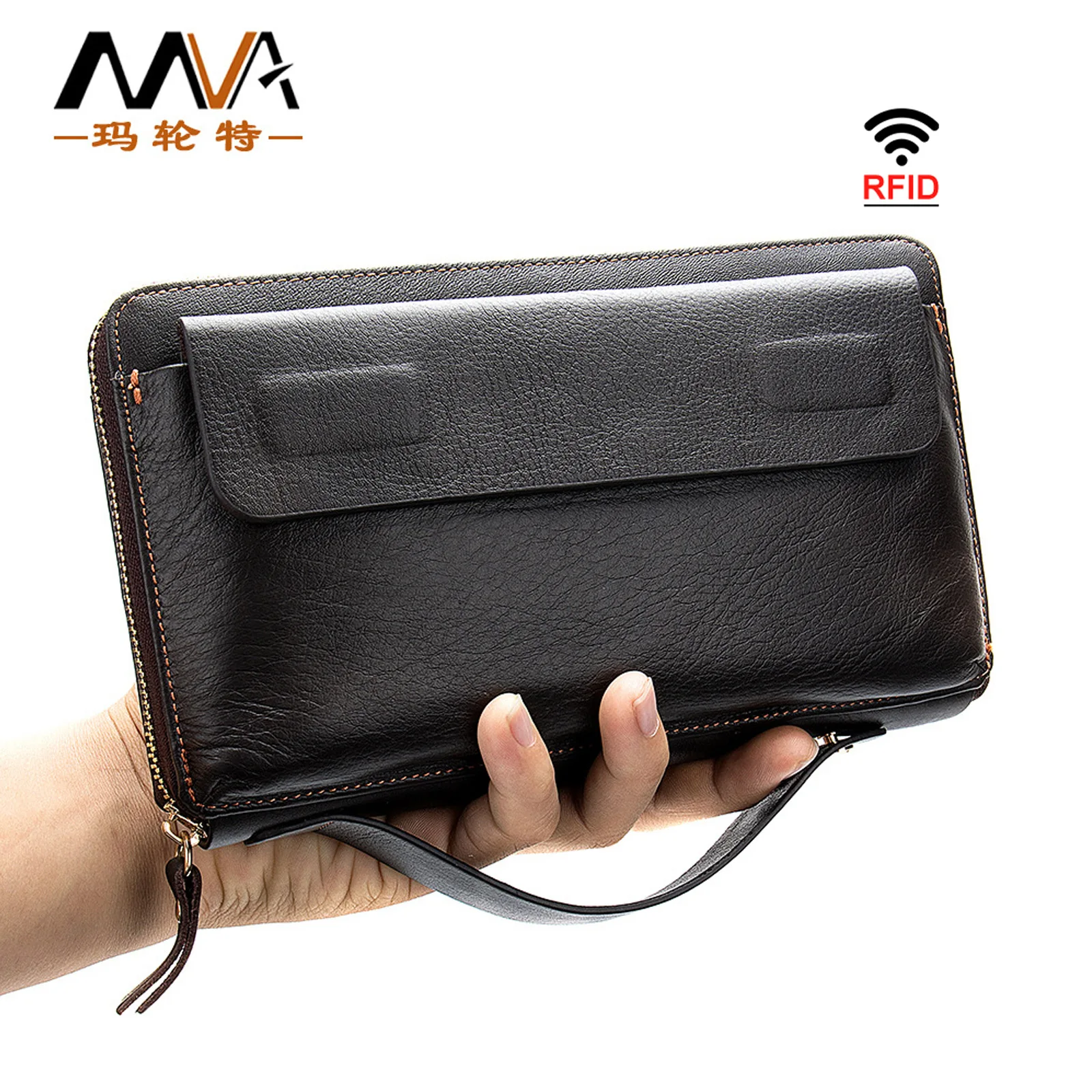 Men's soft leather men's handbag business leather wallet long access control card bag large capacity handbag