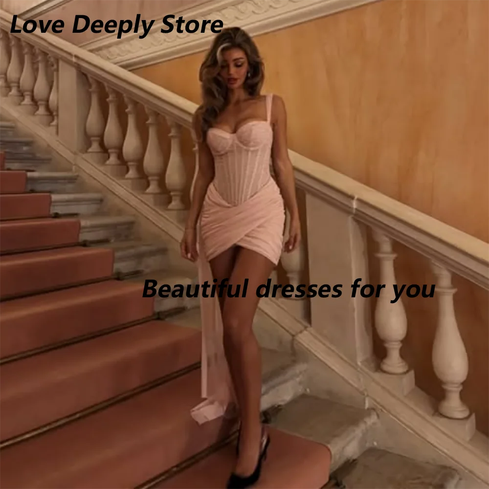Customized Pink Lace Corset Mother Of The Bride Gown Spaghetti Strap Ruched Mini Dress With Chiffon Train Formal Party Dress