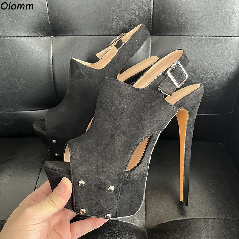 Olomm Handmade Women Summer Platform Sandals Buckle Sexy Stiletto Heel Open Toe Elegant Black Casual Shoes Size 35 47 45 52