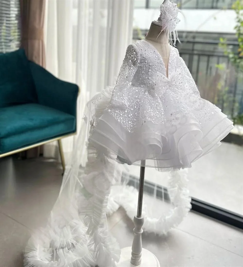 Custom Luxury Dress Women Wedding Guest Girls Wedding Gown Luxury Birthday Pageant Catwalk White Sequin Train Kids Formal Gown