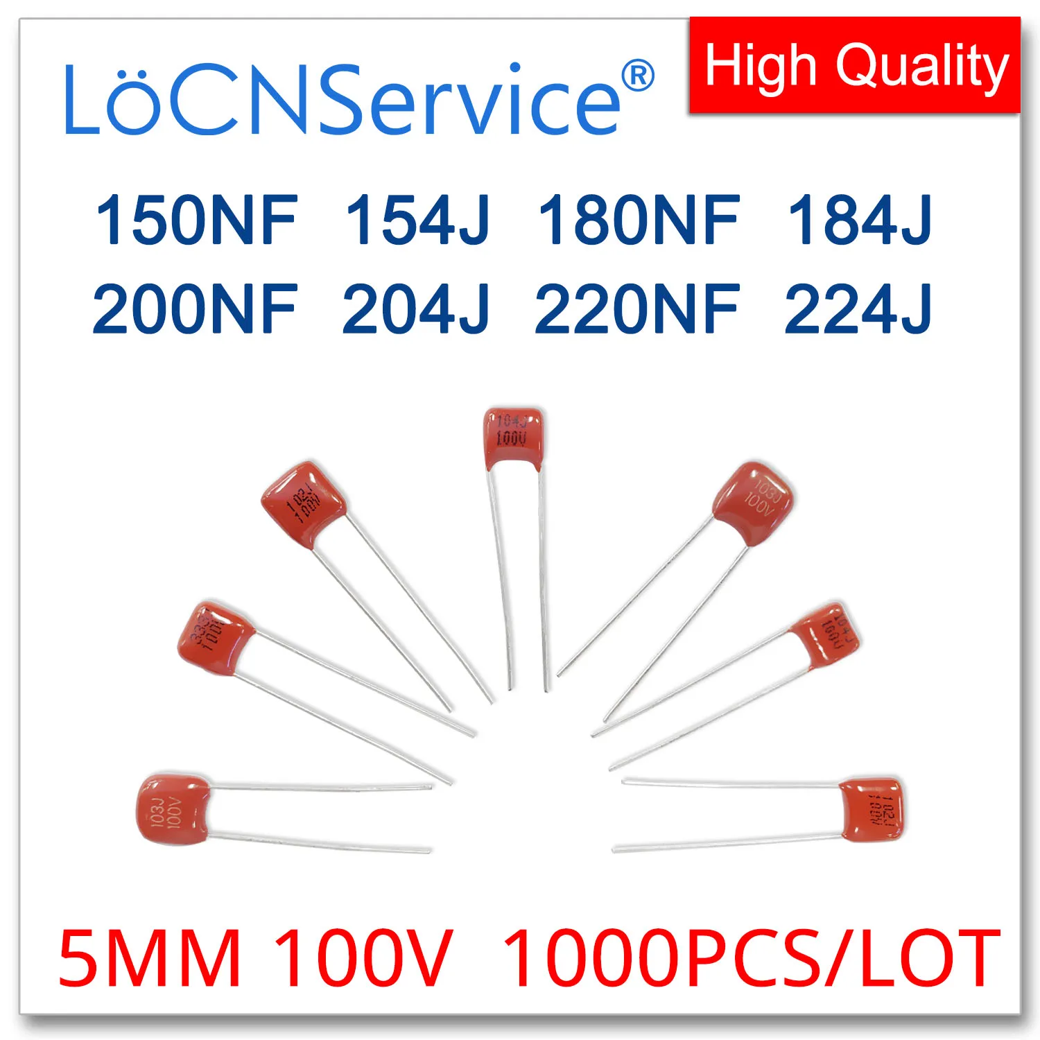 LoCNService 1000PCS 5MM 100V 150NF 180NF 200NF 220NF 154J 184J 204J 224J CBB Polypropylene Film Capacitor High Quality