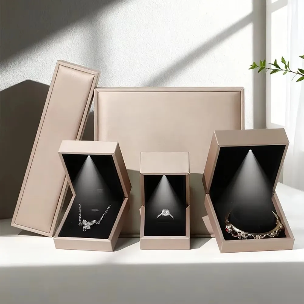 Luxury Gold Jewelry Box LED Light PU Leather Jewelry Display Storage Box Jewelry Packaging Box Wedding Gift
