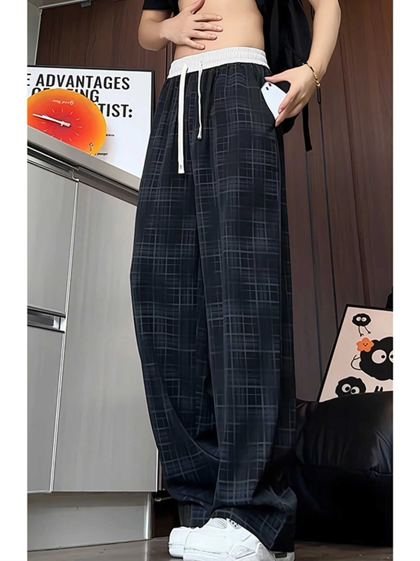 Summer Thin Ice Silk Plaid Pants Men's Casual Wide Leg Trousers Drapey American Style Waist Patchwork Color Block Straight Leg