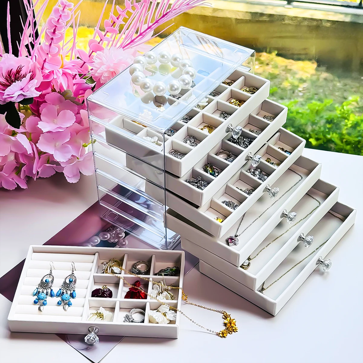 Beige LargeCapacity MultiTier Jewelry Box, MultiFunctional Desktop Jewelry Storage Organizer Case