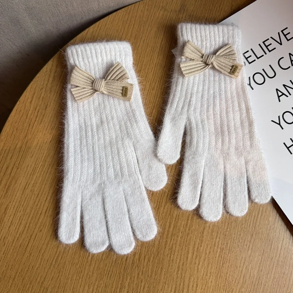 Cute Bowknot Winter Knitted Gloves Elastic Thickened Touch Screen Gloves Warm Two-Finger Cycling Gloves Outdoor