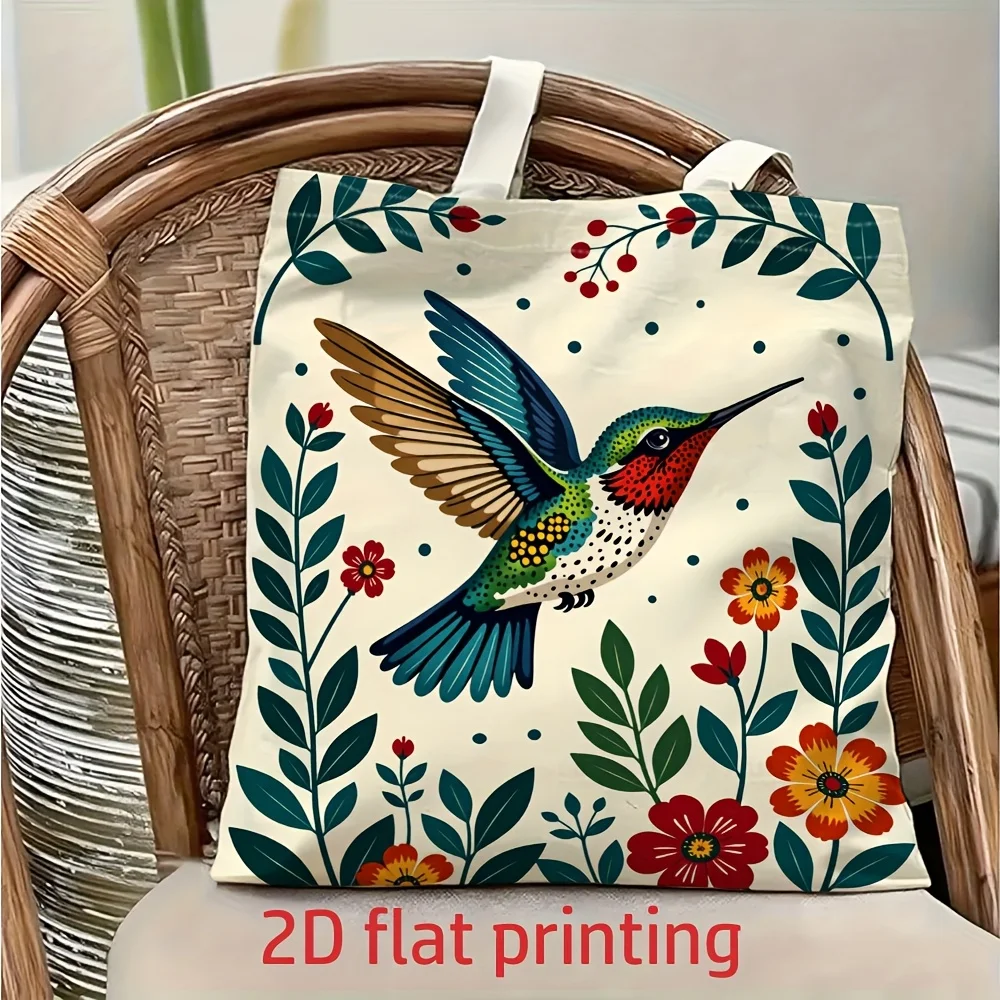 1 Piece Hummingbird Floral Pattern Canvas Shoulder Bag, Lightweight Foldable Storage Tote Bag, Reusable Shopping Bag with Fixed Shoulder Strap, Perfect Gift for Commuting, Travel, Shopping, School, and Holidays