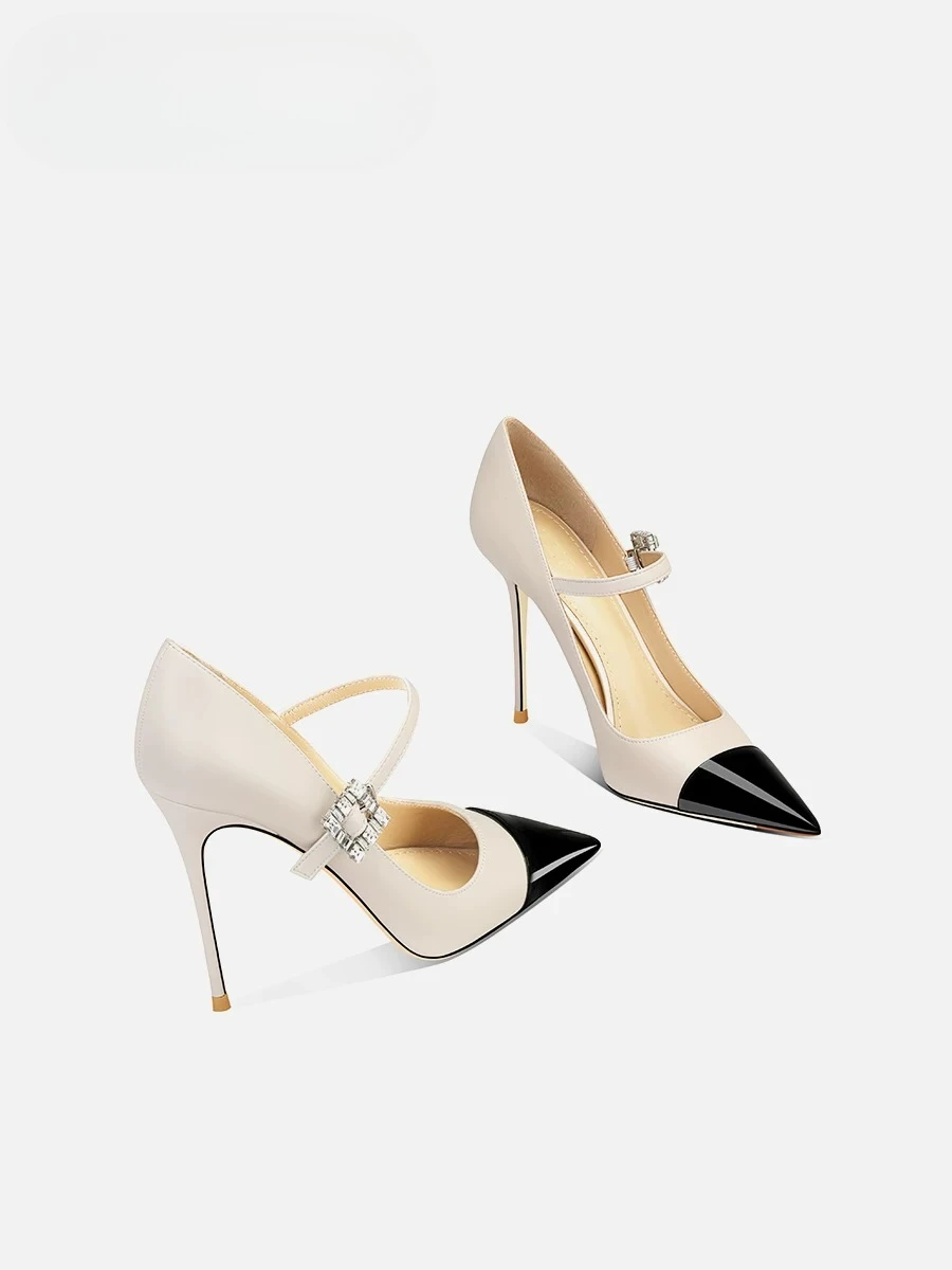 Off White Single Button High Heels for Women, New French Pointed Slim Heels, Mary Jane Shallow Single Shoes