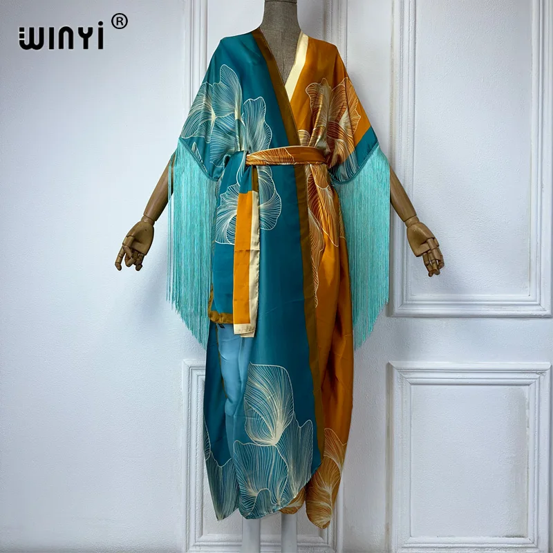 WINYI Kimono Boho Summer Dress Beachwear Africa Cardigan Bohemian Print Bikini Cover-up Sexy Holiday Long Sleeve Tassels Dress
