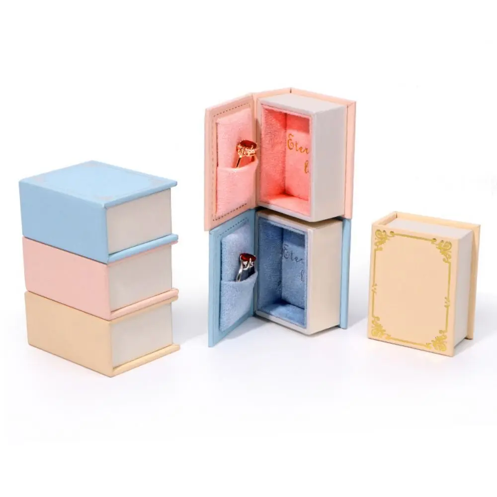 Flip Lid Book Shape Ring Box Stud Earrings Jewelry Packaging Engagement Ring Box Storage Box Solid Color Jewelry Display Case