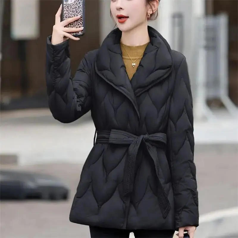 Winter Cotton Jacket Elegant Age Reducing Versatile Waist Cinching Lace Up Horn Buckle Cotton Outerwear Temperament Parker Coat