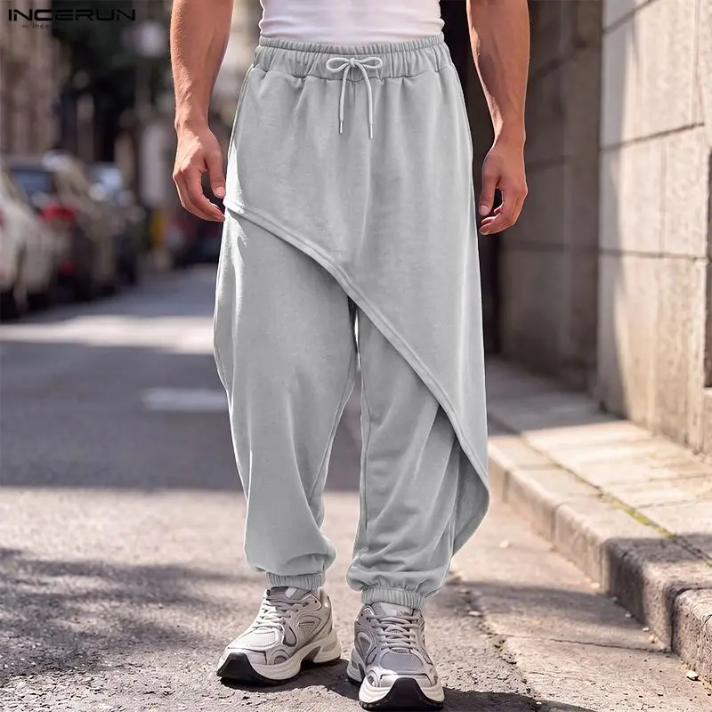 INCERUN Men's Irregular Pants Solid Color Drawstring Joggers Trousers For Man Streetwear 2026 Workout Fashion Casual Male Pants