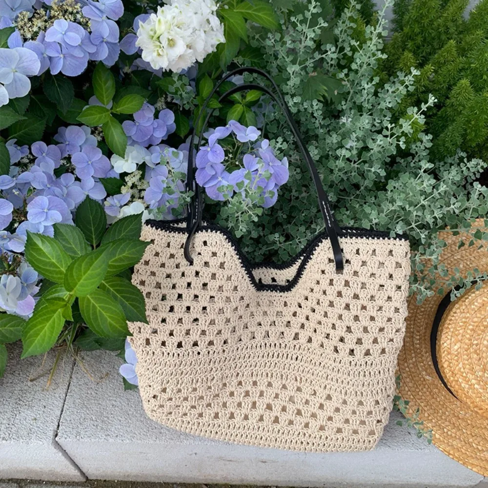 2026 New Contrasting Color Wax Rope Tote Bag Korean Grid Hollow Shoulder Unique Texture Stylish Simple Daily Elegance Fashion