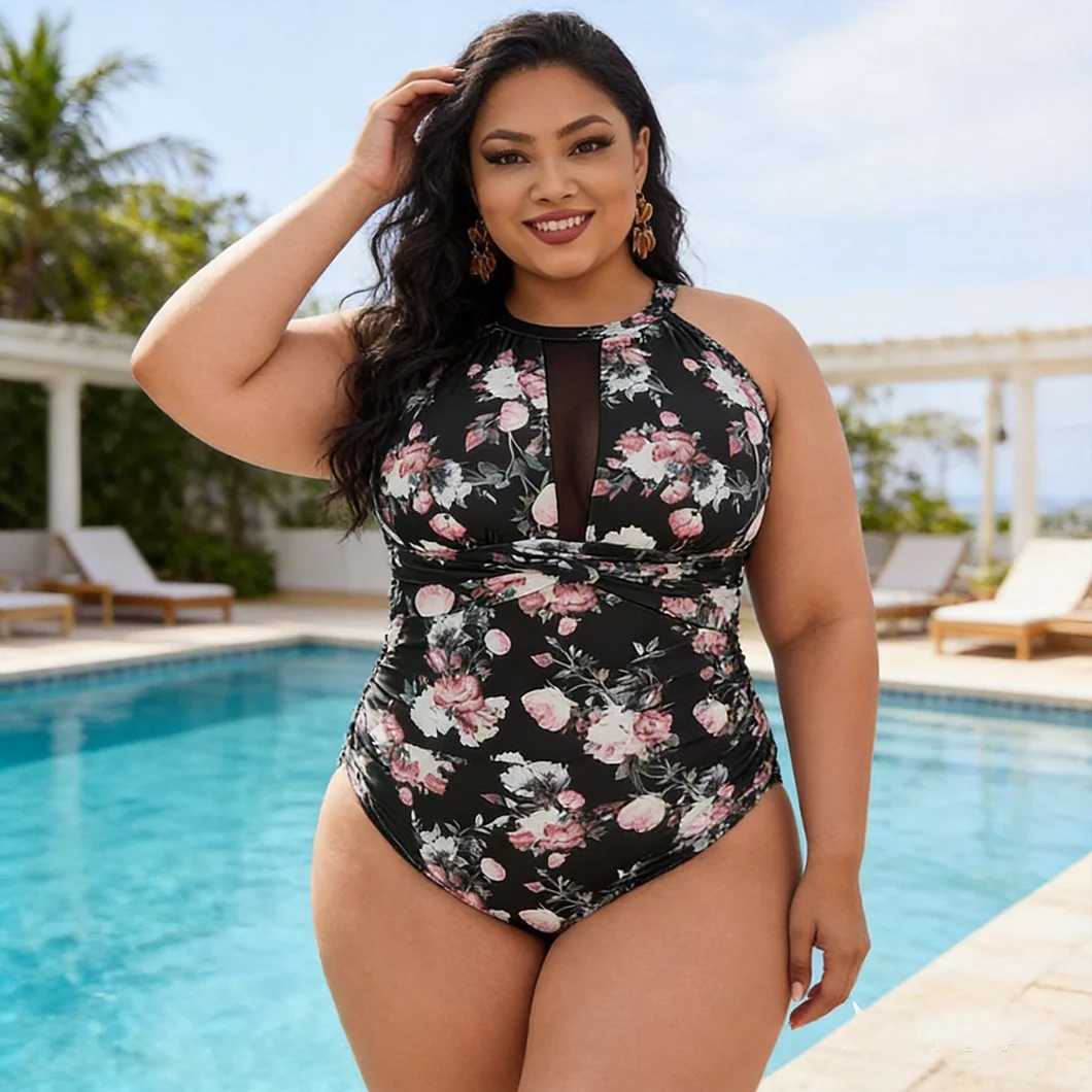 New one-piece large-size bikini swimsuit retro printed swimsuit net fabric spliced tight-fitting swimsuit