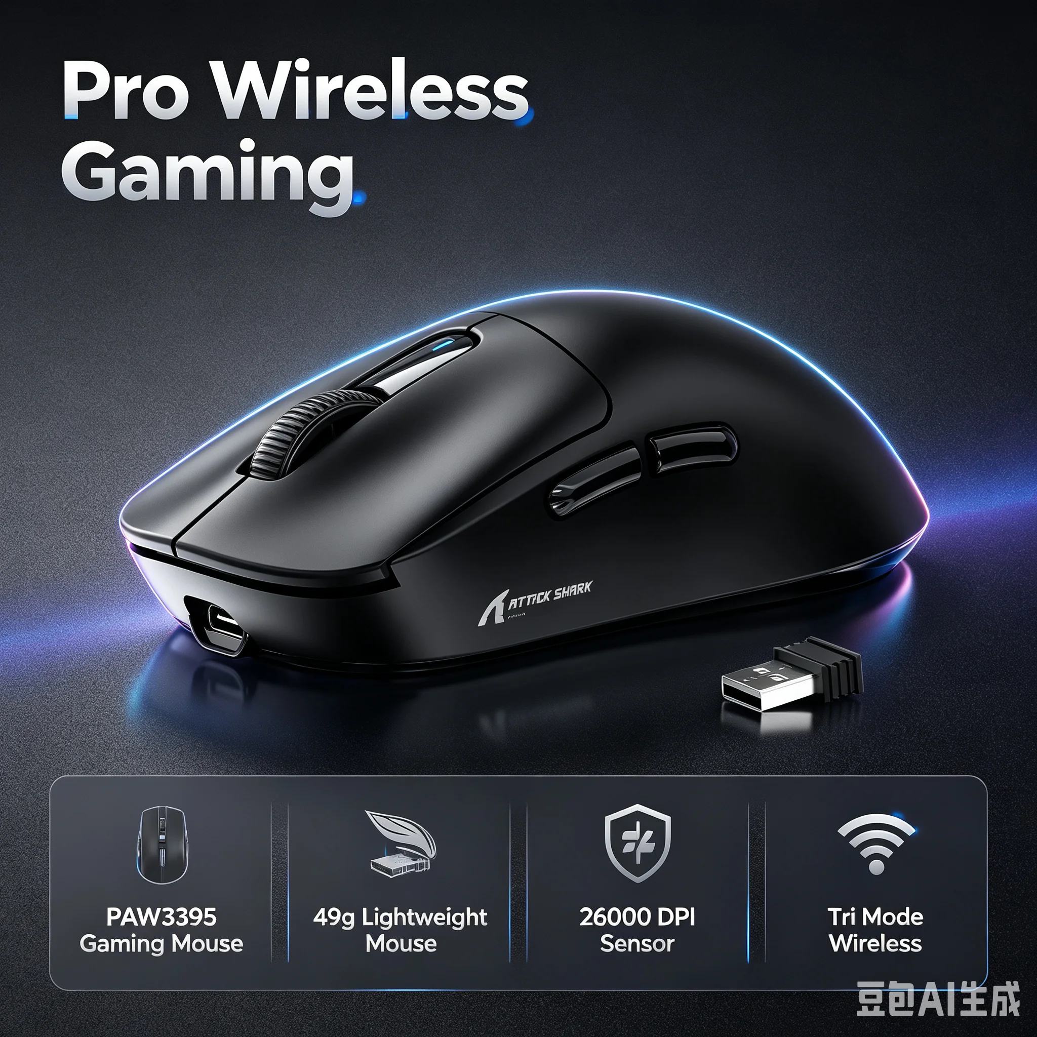 X3 wireless gaming mouse with 49g lightweight body, PAW3395 sensor, 26000 DPI, tri-mode connection, and programmable settings.