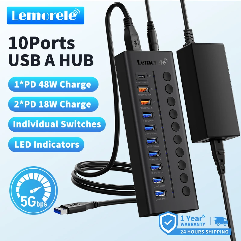 Lemorele USB C Hub 10 Port Multi USB 3.0 Splitter Docking Station Multiple Expander Cable Hub Docking Stations For Laptop PC