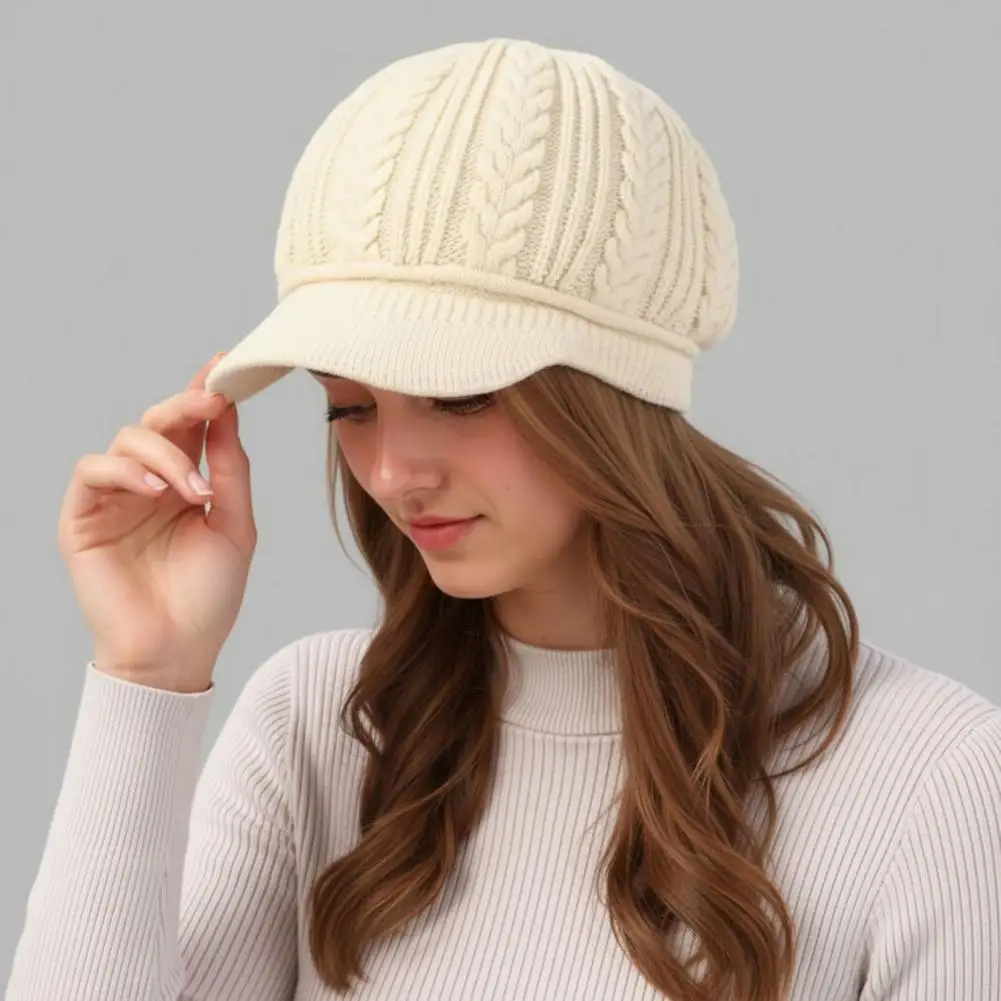 Windproof Warm Hat for Outdoor Winter Knitted Peaked Cap with Visor Womens Fleece Lined Brimmed Hat Warm Autumn Weather Knit