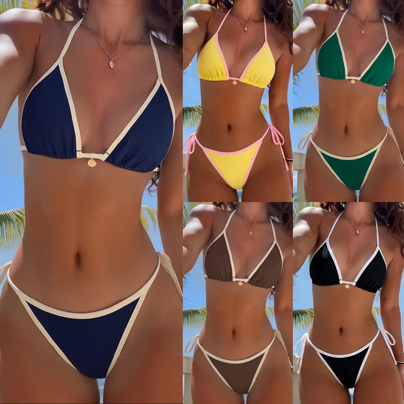Contrast Binding Pendant Bikini Women Sexy Side Tie European Hot Beach Swimwear New Arrival