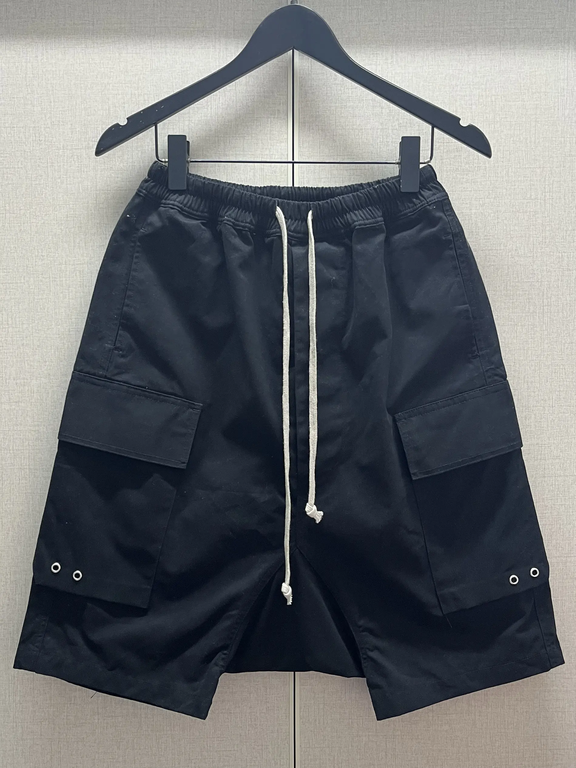 Men Dark Style Designer 5-Pocket Cargo Shorts Loose Fit Drawstring Denim Pants with Dropped Crotch Rivet Eyelets, Spliced Detail
