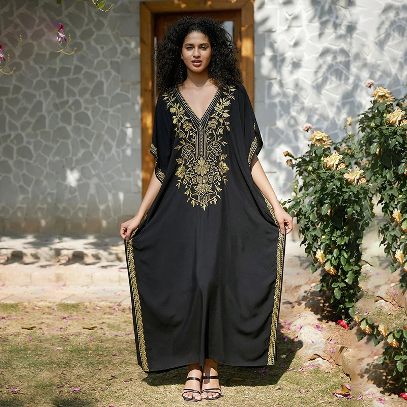Women's Summer Beach Dress Long Maxi Dress Embroidered Chiffon Cover Up for Bikini Plus Size Vacation Casual Sundress at Seaside
