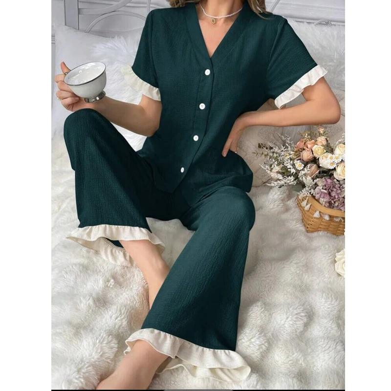 Stylish Solid Color Short Sleeve Pajama Set Button Up V-Neck Top Elastic Shorts Women's Comfortable Soft Homewear Loungewear Pjs