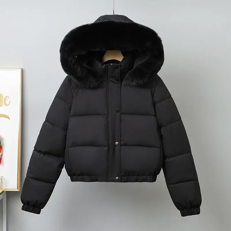 Y2k Jackets Streetwear Short Parkas Women's Cotton-padded Clothes Add Velvet Thicken Outerwear Fur Collar Removable Hooded Coats