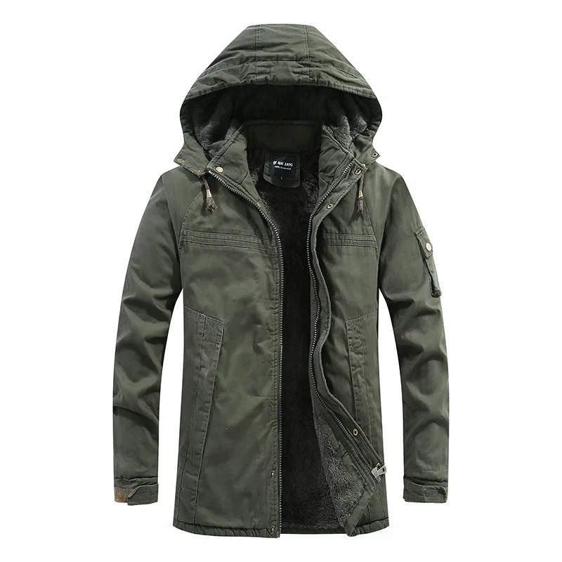 KIDWHXR Windbreaker Man Autumn Winter Thicken Fleece Hooded Jacket Male Retro Long Sleeve Zipper Outdoor Casual Men Cargo Coat