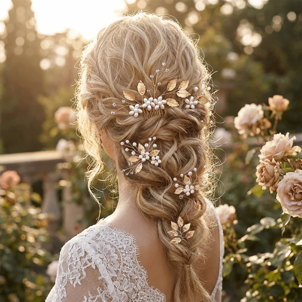 4Pcs Sets Pearl Wedding Hair Accessories Handmade Vintage Leaf Shaped Tiaras Elegant Bride Insert Hair Clip Special Occasions
