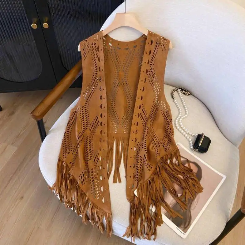 Women's Striped Hollow Vest Brown Tassel Waistcoat