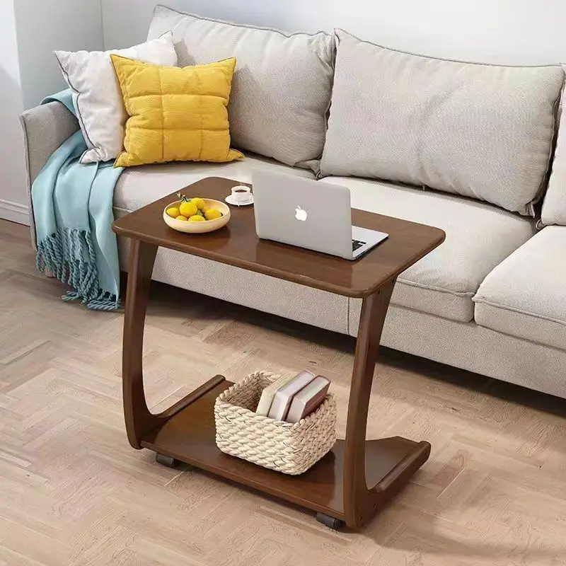 Solid Wood Mobile Side Table with 360 Wheels Bedside Table for Living Room Bedroom Sofa Space Saving Rubberwood Furniture