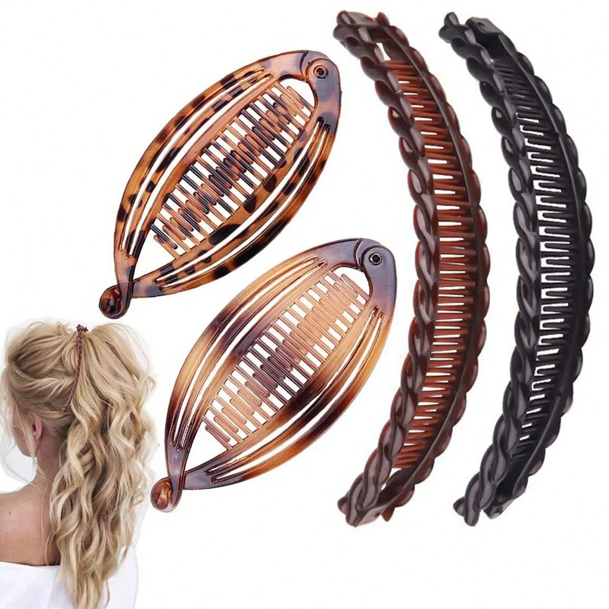 Multiple Banana Hair Clips, Spiral Comb Fish-Shaped Hair Clips, Ponytail Fixing Clips for Girls, Durian Clips, Lobster Clips, Black Hair Accessories