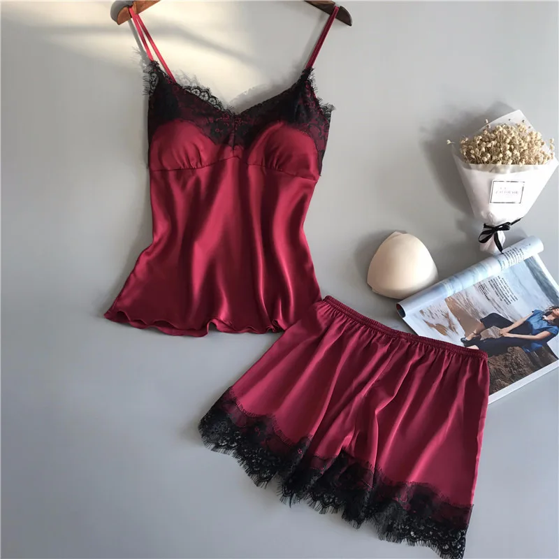 Summer Sleepwear Women Pajama Suit Fashion V-Neck Stretch Satin Babydoll Lace Sexy Lingerie Pyjamas Sleep Shorts Set