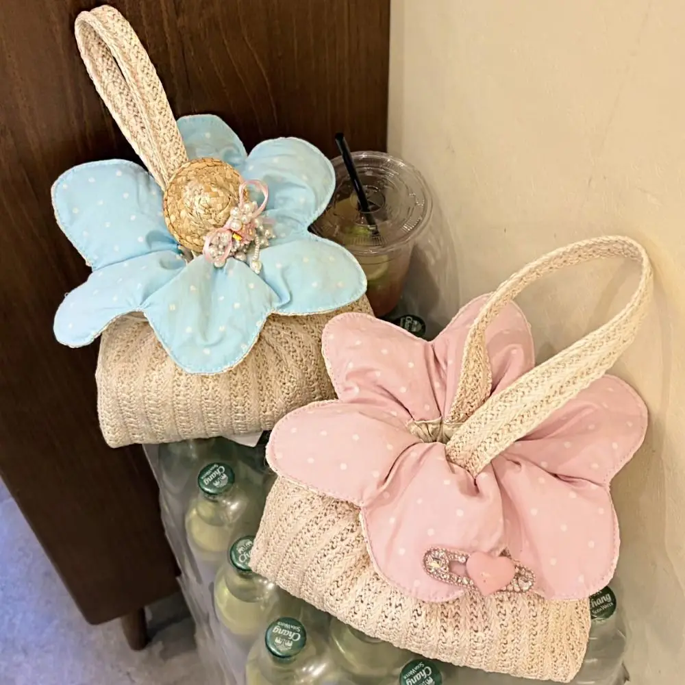 Bundle Pocket Flower Drawstring Crossbody Bag Korean Style Imitation Straw Polka Dot Flower Bag Cute Cloth Canvas Shoulder Bag