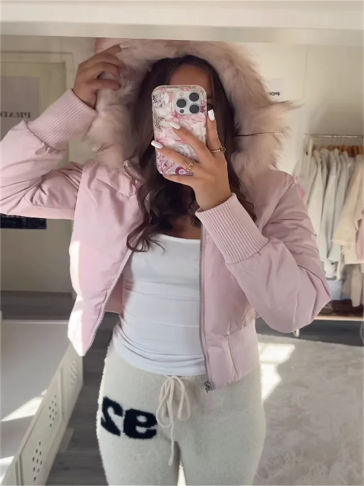 2025 Fall Thickened Streetwear Faux Fur Hooded Women's Cotton Coat Zipper Ribbed Cuffs Hem Full Sleeve Jacket Women