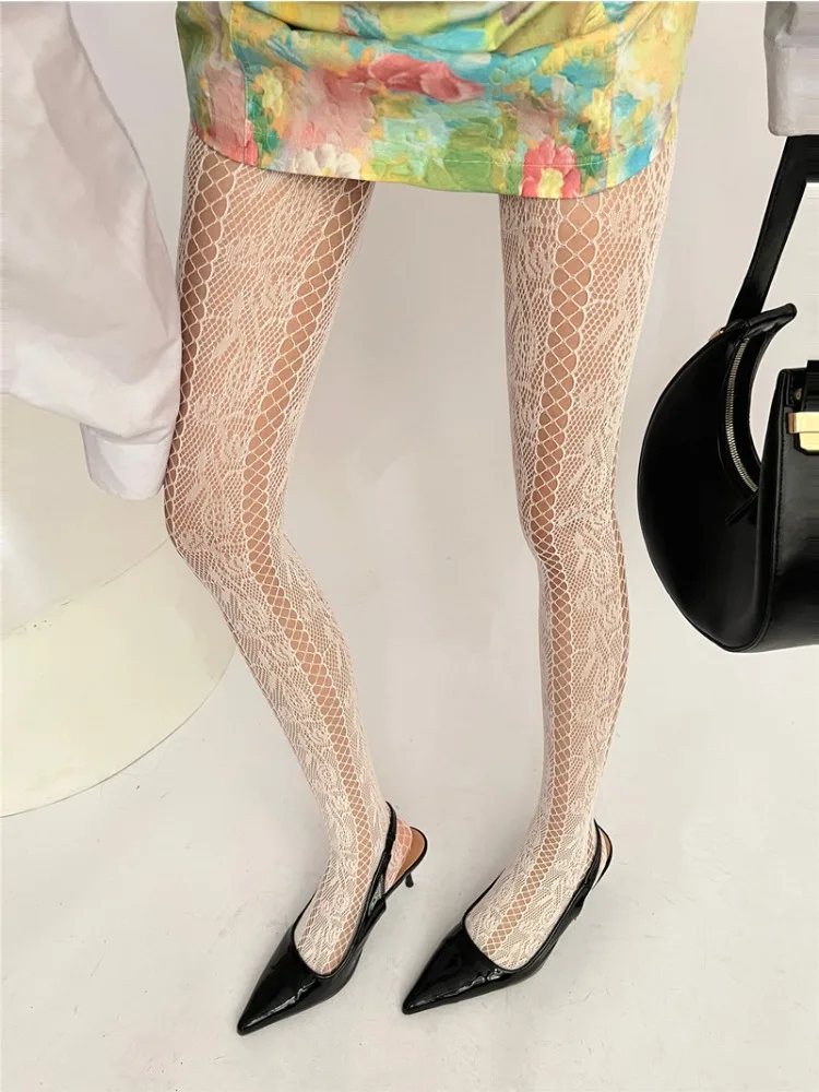 White Soft Lace Pantyhose Rose Hook Flower Hollow Mesh Stockings Women's Highly Elastic Thin Tights 6 Colors