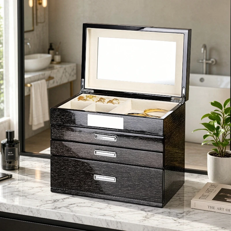 Large Jewelry Box with Mirror Portable Ring Bracelet Watch Display Storage Organizer for Women Bedroom Gift 