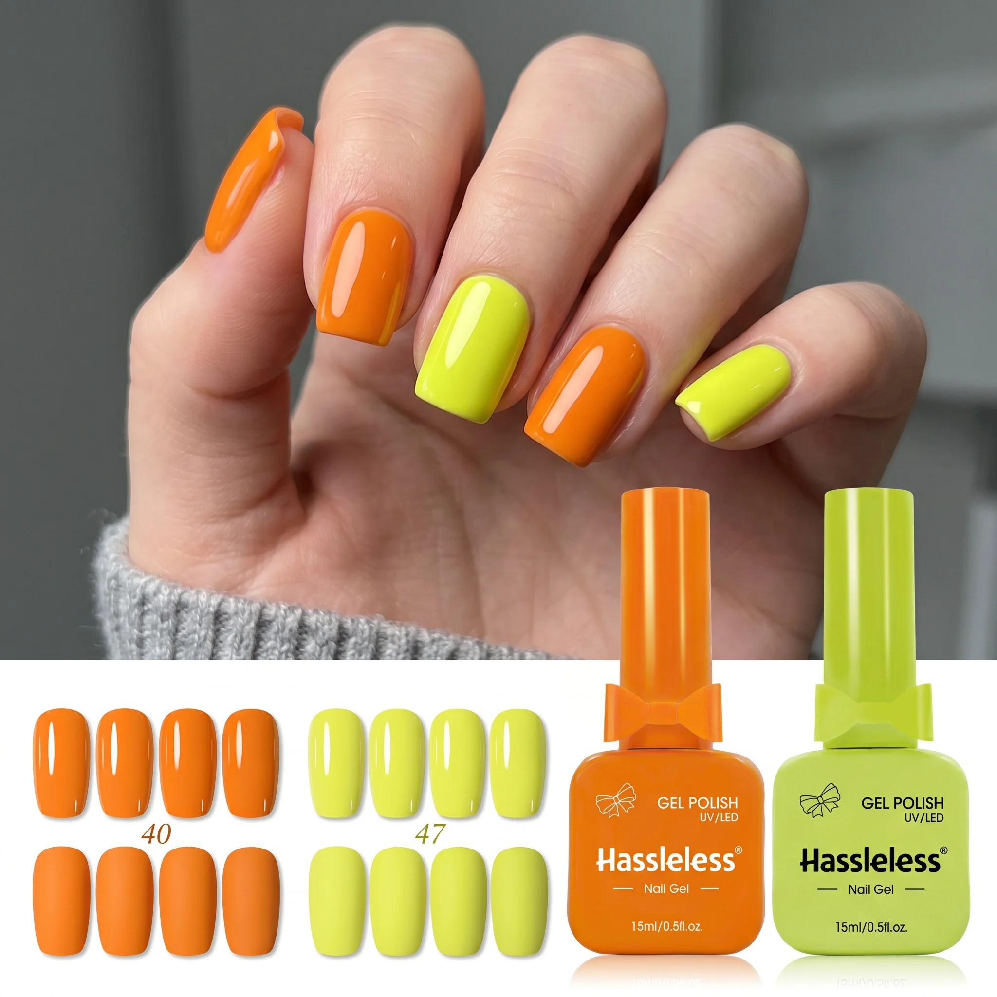 Hassleless Vibrant Warm Orange Lemon Yellow 2-Piece Armor Gel Polish Set, Featuring High-Saturation Bright Warm Orange and Energetic Fluorescent Lemon Yellow, Two Eye-Catching Trendy Color Shades with a High-Gloss Mirr