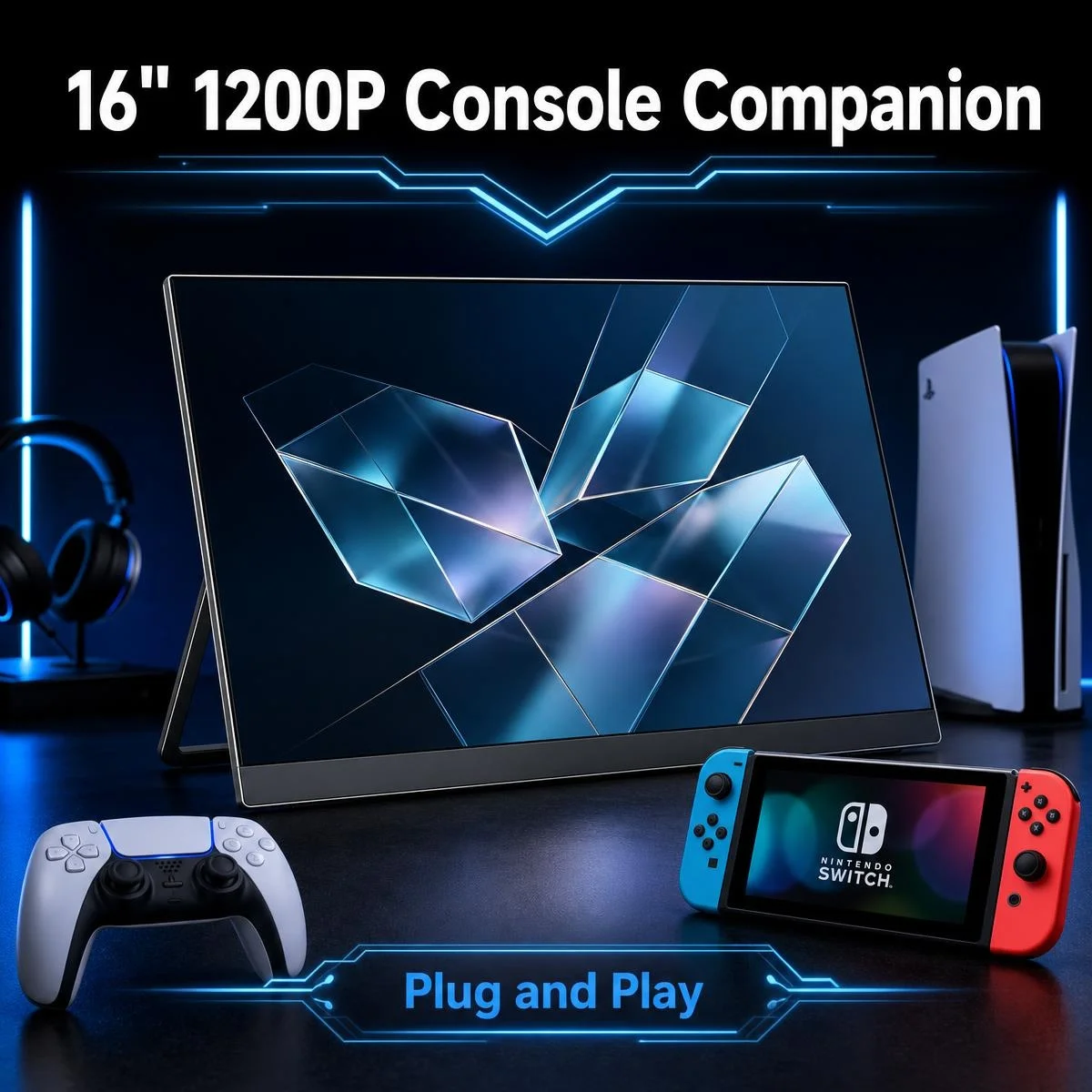 Portable gaming monitor 16 inch 1920x1200 100% sRGB low latency PS5/Xbox/Switch secondary screen audio eye protection