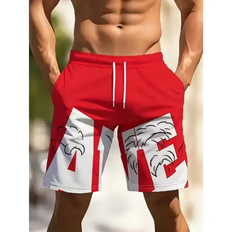 Casual Cool Shorts 2026 Men Summer Beach Shorts Large Letter Print Contrast Color Quick Dry Breathable Elastic Waist Vacation