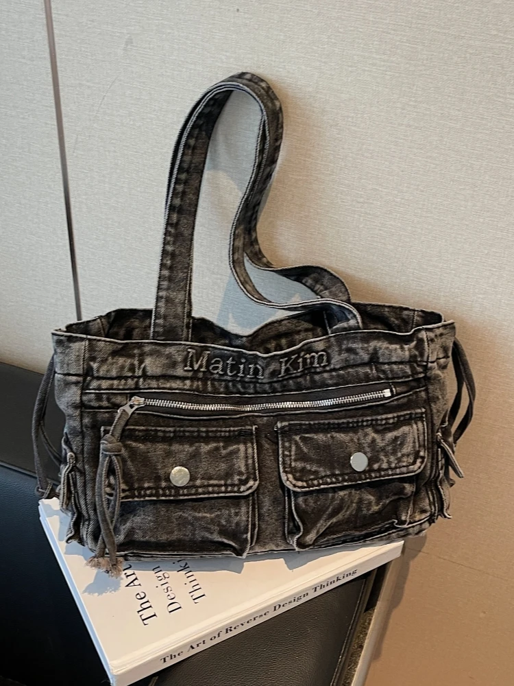 Washed Denim Underarm Bag Women's Commuter Shoulder Bag Fashionable Trendy Large Capacity Pocket Design Korean Style Handbag