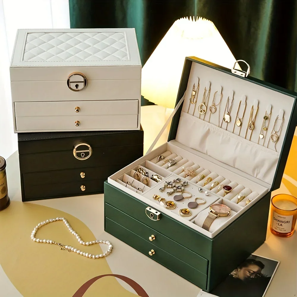 Luxury Jewelry Box Multi-layer Leather Jewelry Storage Box with Drawers Large Capacity Organizer for Earrings Rings Necklaces 