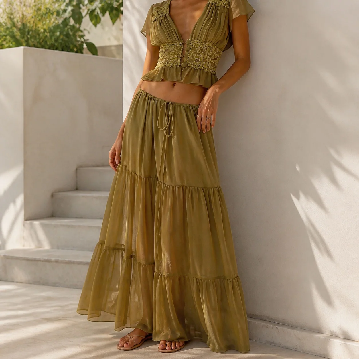 Patchwork Cap Sleeve Top Maxi Length Private Celebrity Style with Regular Sleeve Long Skirt Summer Vacation Style Women Swimsuit
