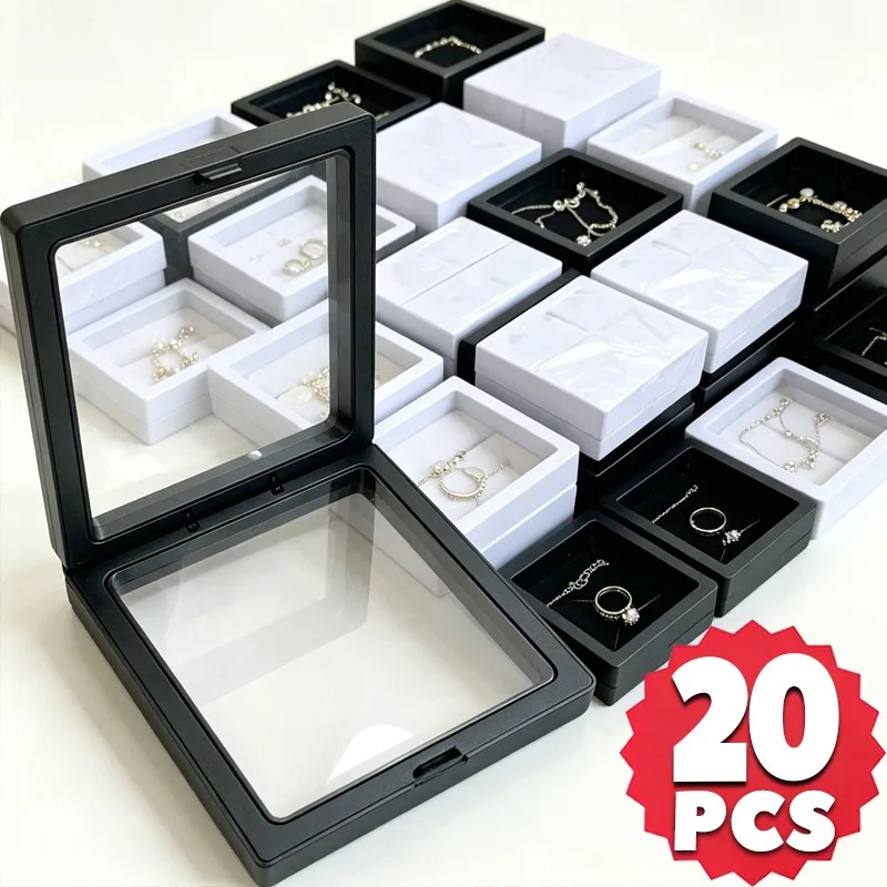 20pcs Portable Transparent Floating Display Box PE Film Black White 3D Dust Proof Storage Case Medals Badges Coins Jewelry Nails